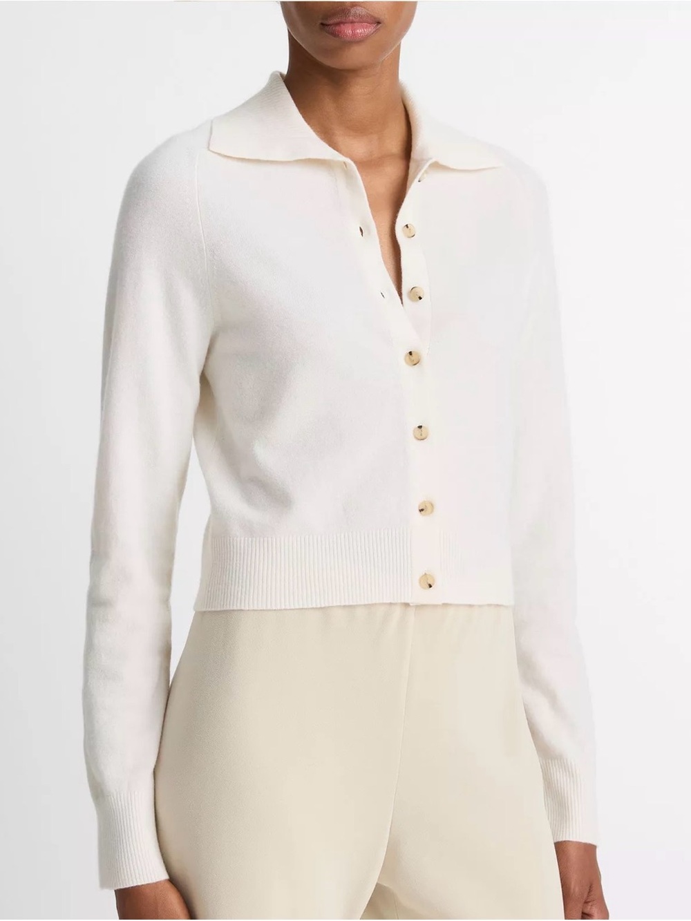 Vince Ivory Cropped Collared Button Cardigan